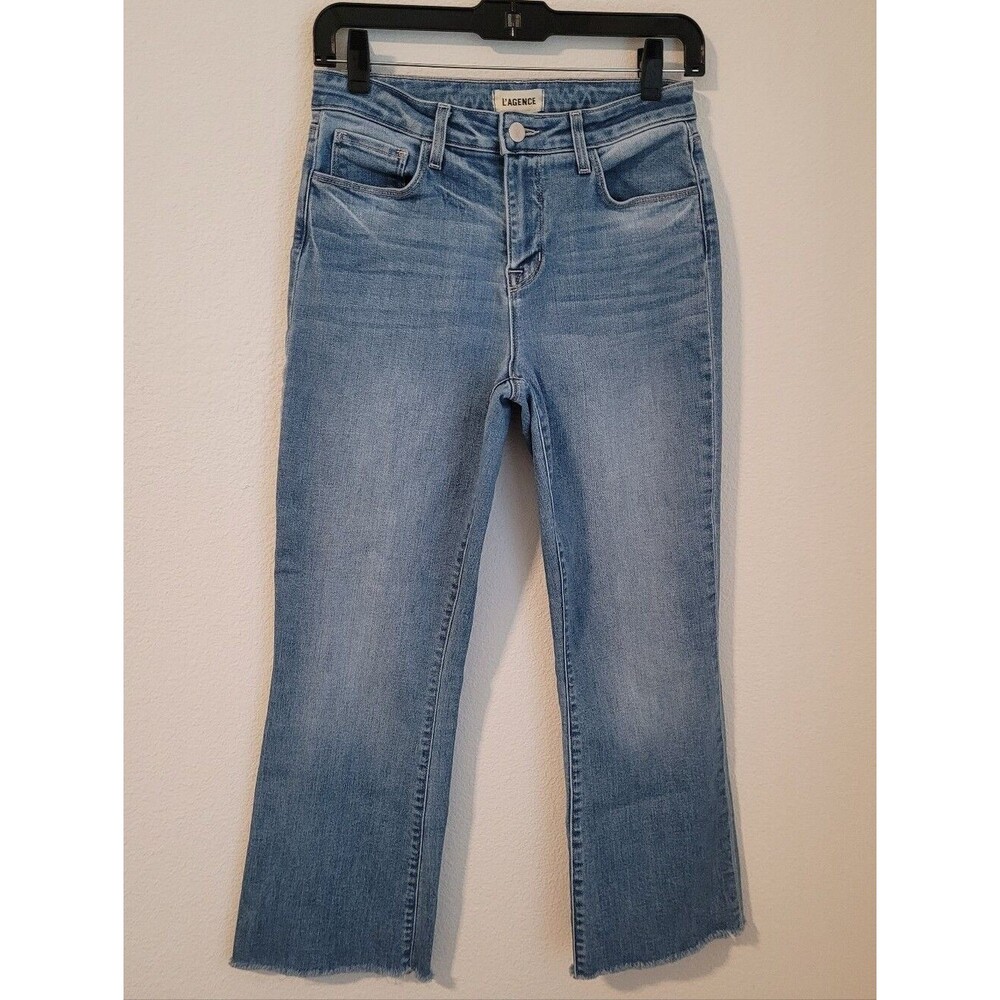 L'AGENCE Kendra High Rise Crop Flare Jeans Alamo Medium Wash Raw Hem 26 Luxury
